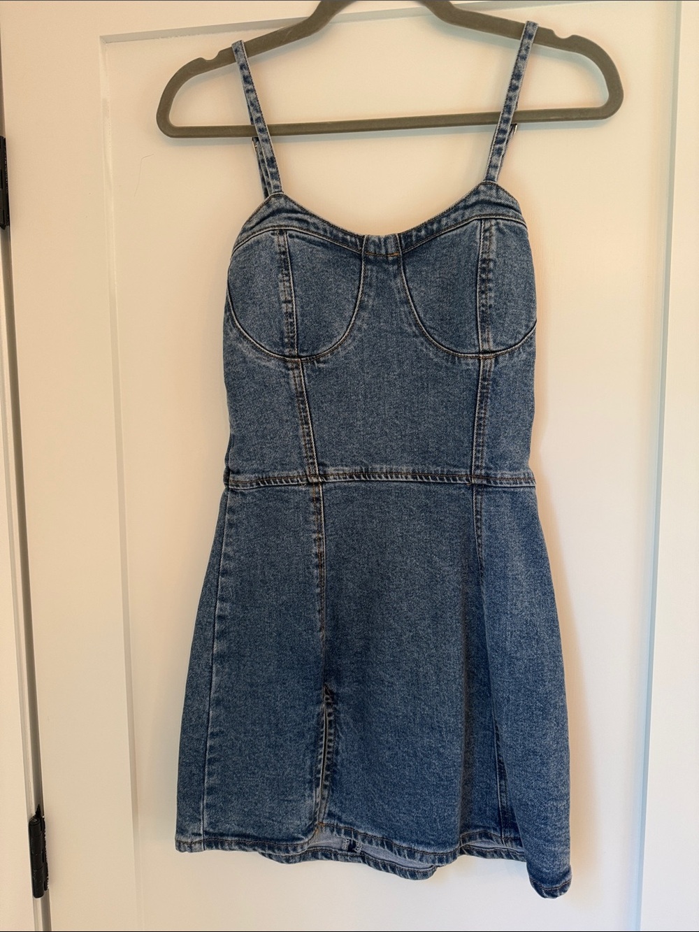 Blank NYC Blue Denim Bustier Mini Dress with Spaghetti Straps
